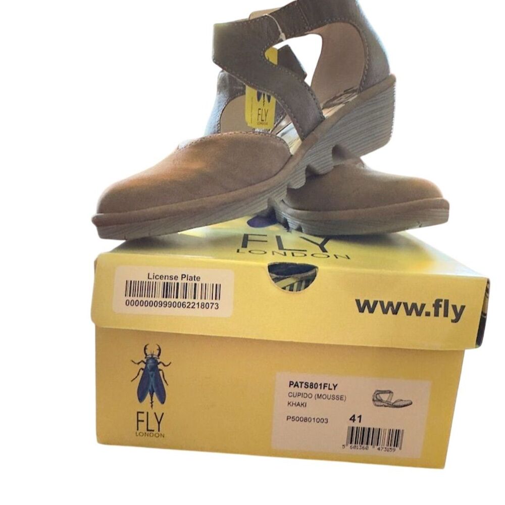 FLY London Women's Khaki Wedge Sandals Size 10 Cut-Out Ankle Strap